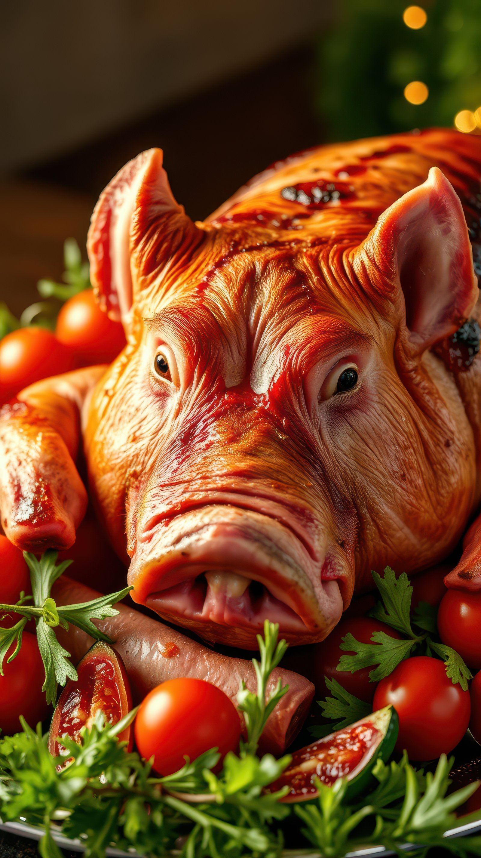 A roasted pig head rests on a bed of parsley and cherry tomatoes, ready to be served